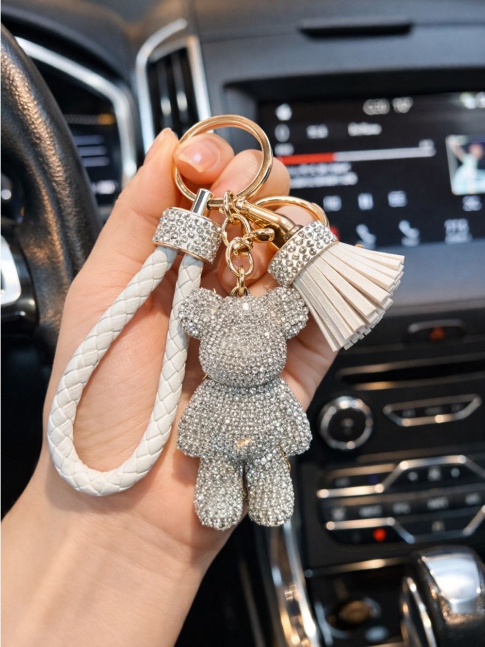 Rhinestone Bear Keychain AB Crystal White Braided Strap Tassel Bag Charm